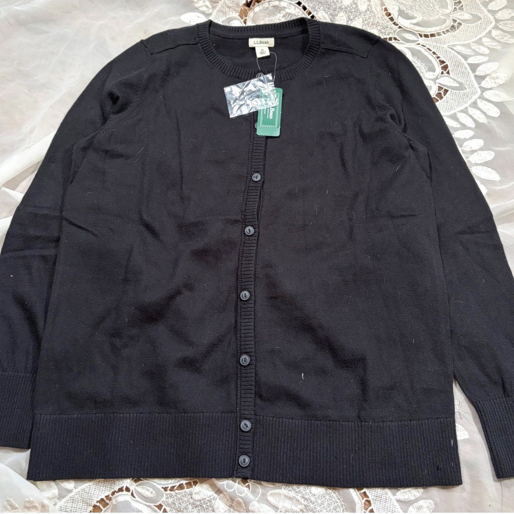 Fall LL Bean Cotton Cashmere Boyfriend Cardigan Sweater Classic Black 505620 Med